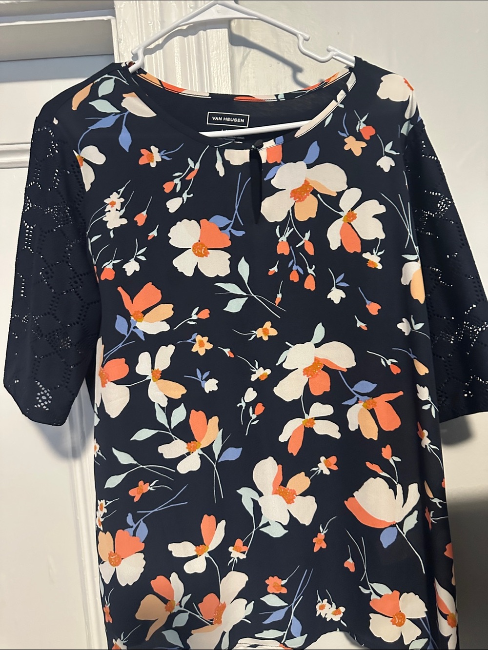 Van Heusen Navy Floral Short-Sleeve Blouse with Coral and Cream Accents